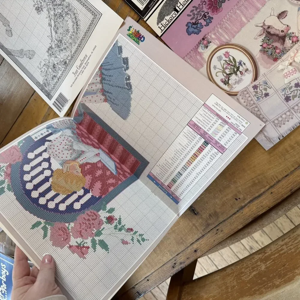 Vtg Cross Stitch Pattern Lot Victorian Lady Renoir Carousel Horse Botanical